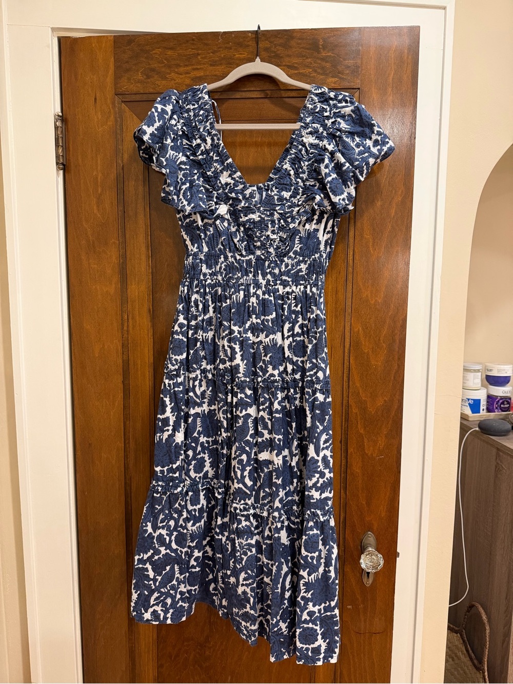Maxime Zeaberg Toronto 100% Cotton Smocked Tiered Midi Dress Blue & Ivory